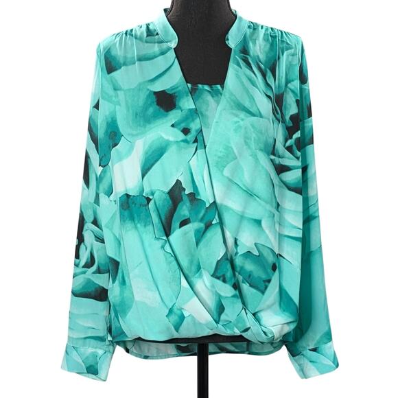 Alfani Floral Crossover Top Green Aqua Black Long Sleeve Roll Tab Size 8 - Picture 2 of 15